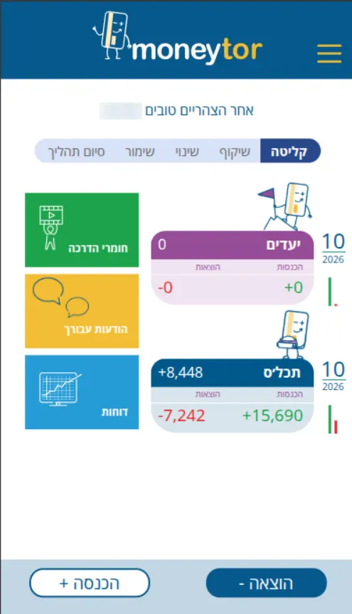 מסך הבית של Moneytor עם שלבי הליווי, תקציב וקישורים לתוכן ולדוחות.
