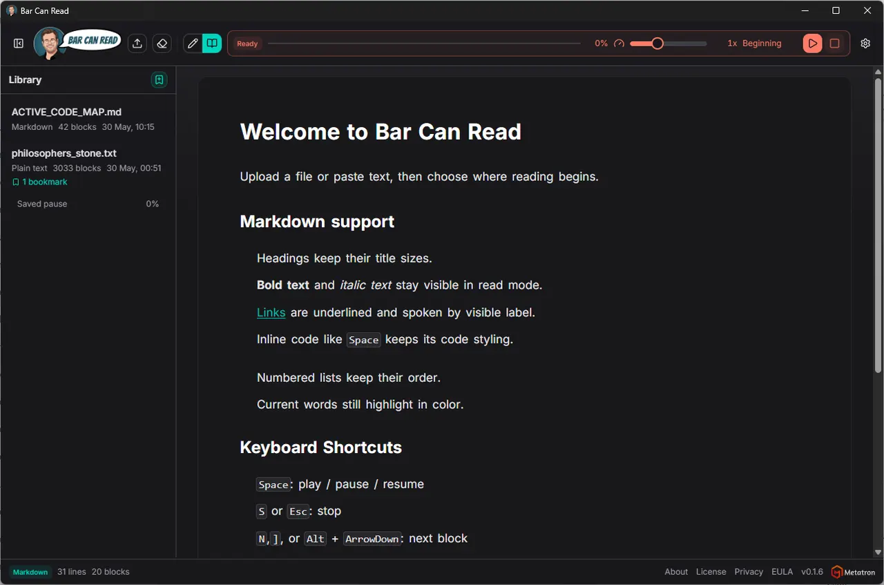 מסך הפתיחה של Bar Can Read עם ספריית מסמכים ואפשרויות פתיחה.